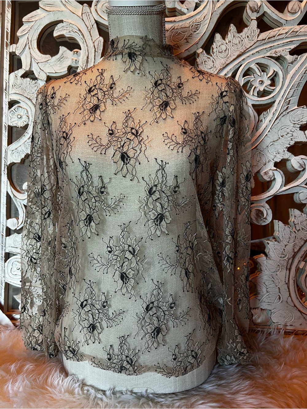 Sheer Floral Lace Mock-Neck Top in Black